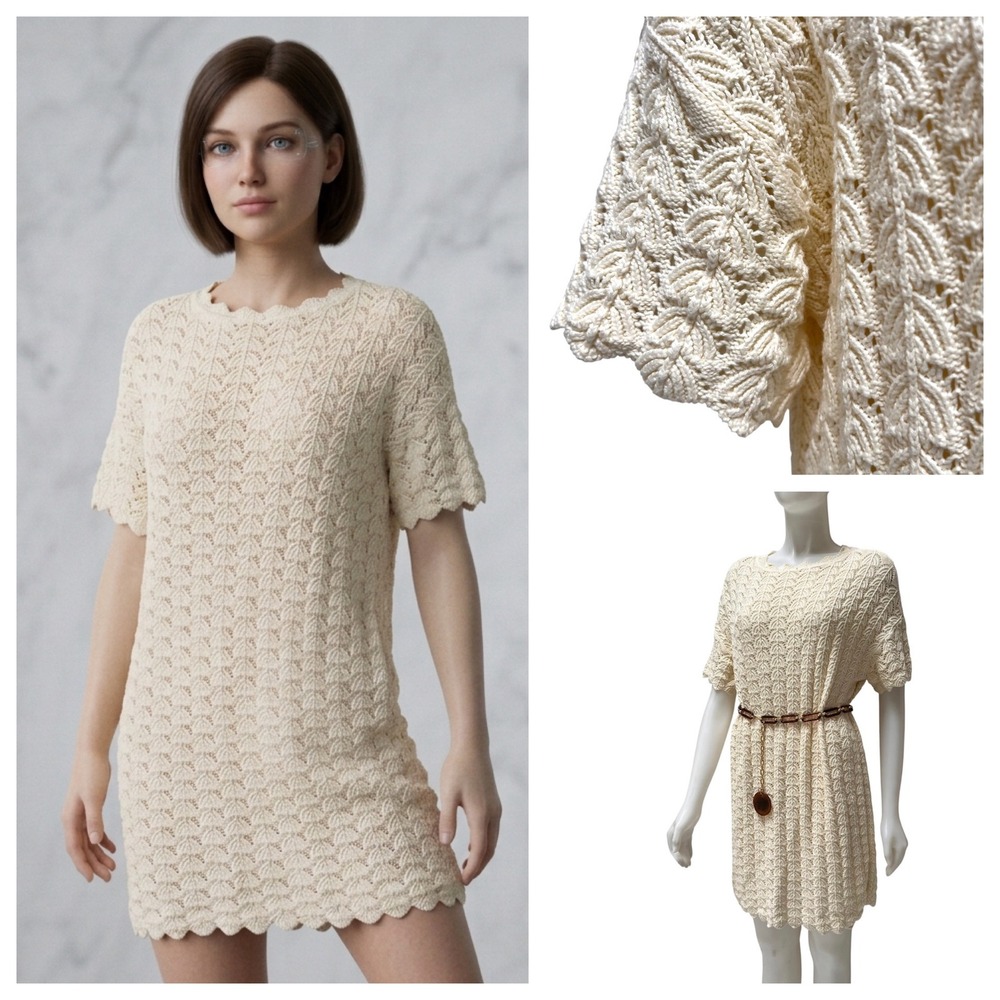 A New Day Cream Crochet Mini Dress Scalloped Short Sleeve Cotton Blend Large